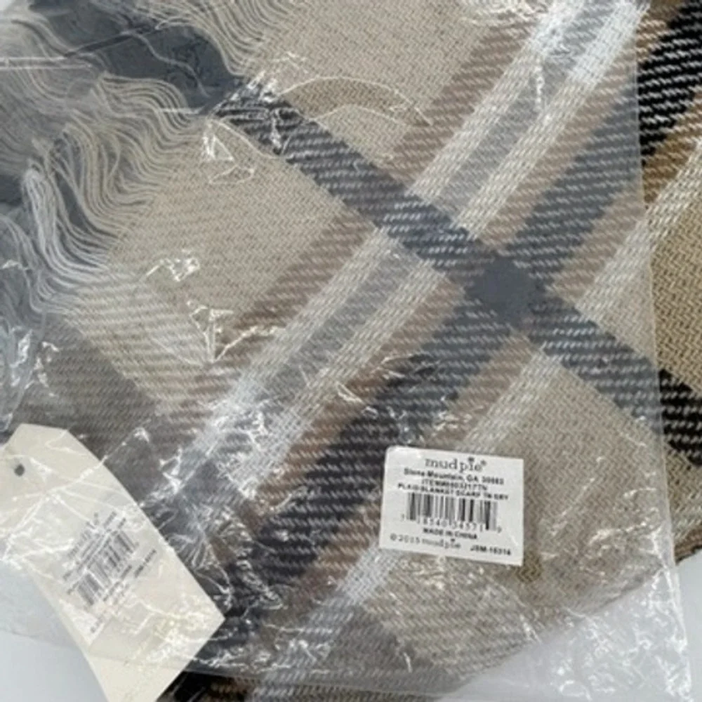Mud Pie Plaid Blanket‎ Scarf Tan Gray Fringe Reversible Oversized Wrap NWT